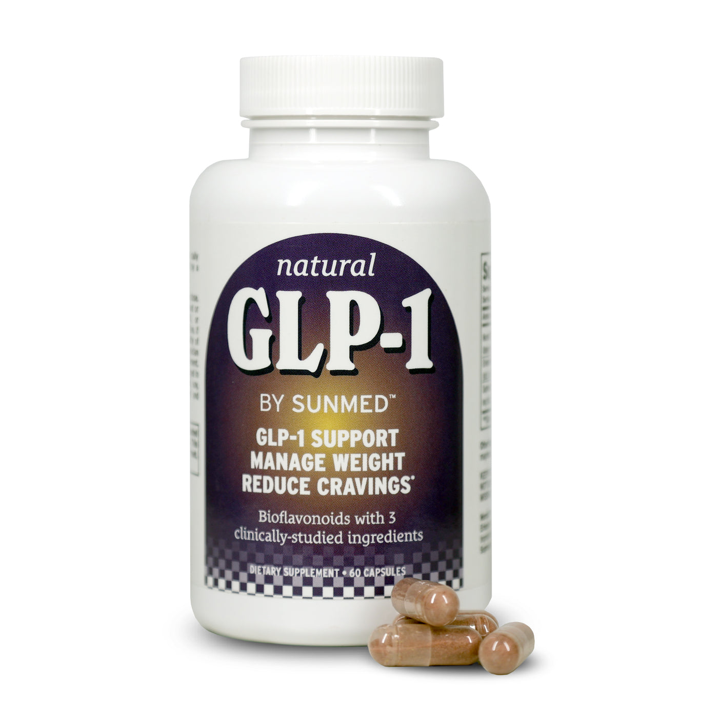 A white bottle labeled "GLP1 Supplement for Weight Management & Cravings" by Sunmed CBD, with capsules beside it, designed to help manage weight and reduce hunger through GLP-1 support.