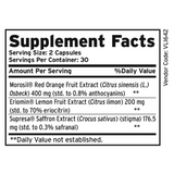 Sunmed CBD GLP-1 Supplement for Weight Management & Cravings features red orange, lemon, and saffron extracts to support GLP-1 and reduce hunger. Supplement Facts label lists serving size details for effective use.