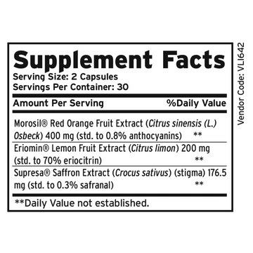 Sunmed CBD GLP-1 Supplement for Weight Management & Cravings features red orange, lemon, and saffron extracts to support GLP-1 and reduce hunger. Supplement Facts label lists serving size details for effective use.