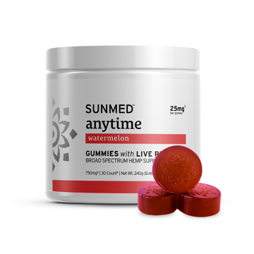 A jar of Sunmed CBD Full Spectrum Anytime CBD Gummies, watermelon-flavored, is displayed beside three 25mg gummies.