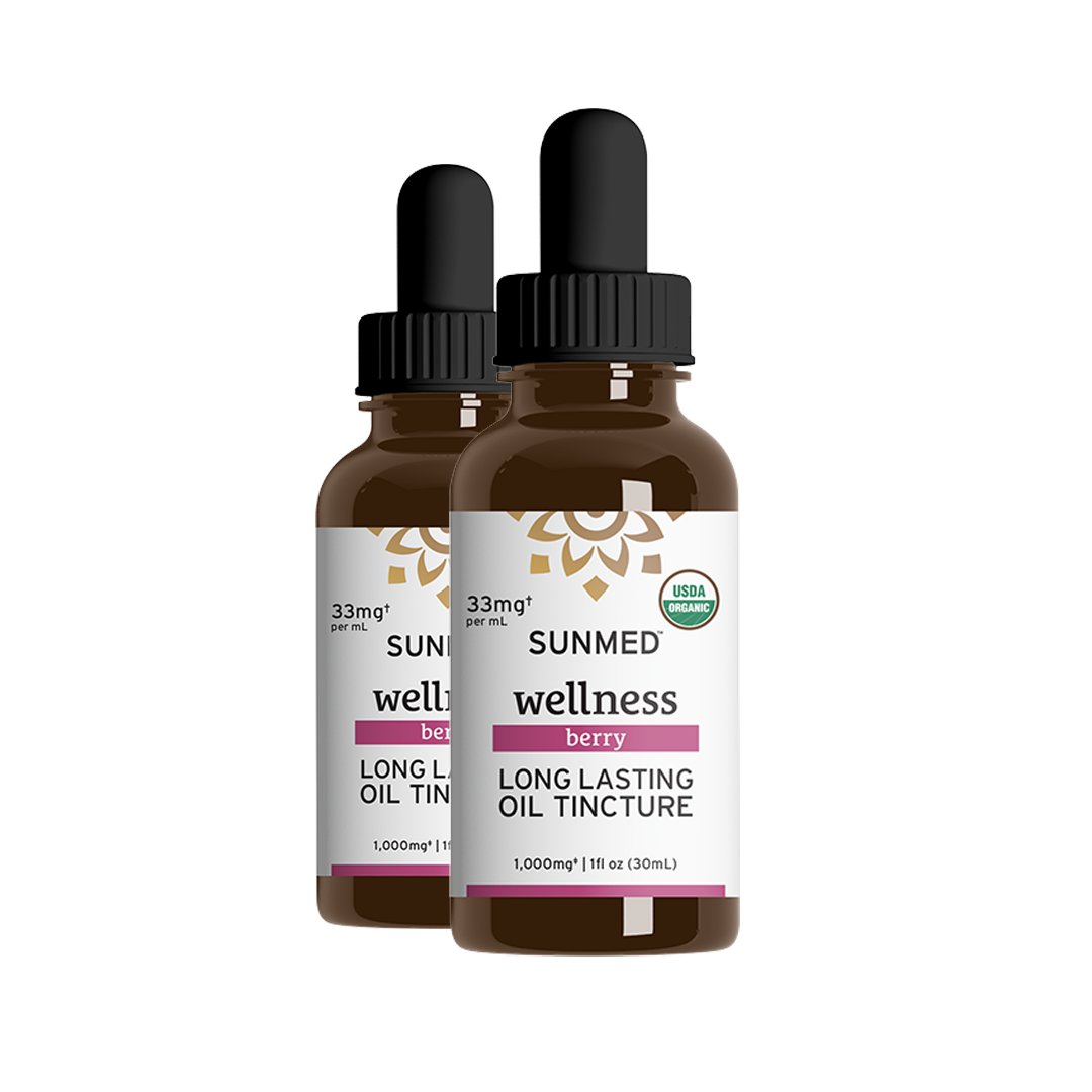Two bottles of Sunmed CBD *20% Off* - 1000mg Full Profile Tincture 2-Pack with droppers, labeled “Wellness Berry.”.