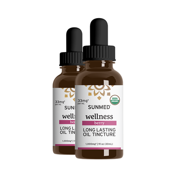 Two bottles of Sunmed CBD *20% Off* - 1000mg Full Profile Tincture 2-Pack with droppers, labeled “Wellness Berry.”.