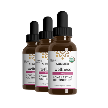 Three brown bottles of Sunmed CBD *30% Off* - 1000mg Full Profile Tincture 3-Pack, each with a dropper.