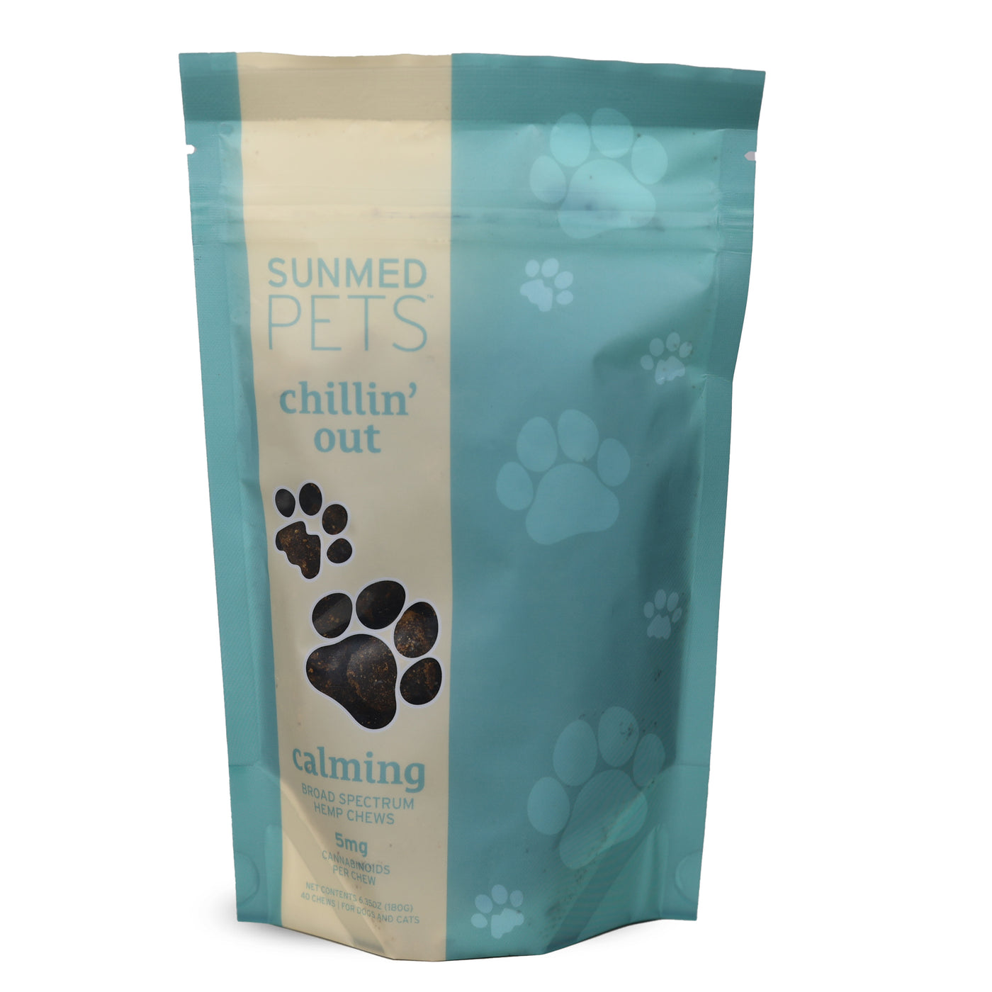 Sunmed CBD Broad Spectrum Chillin’ Out CBD Pet Chews for dogs come in a blue and beige bag with paw print designs and contain calming broad spectrum hemp extract.