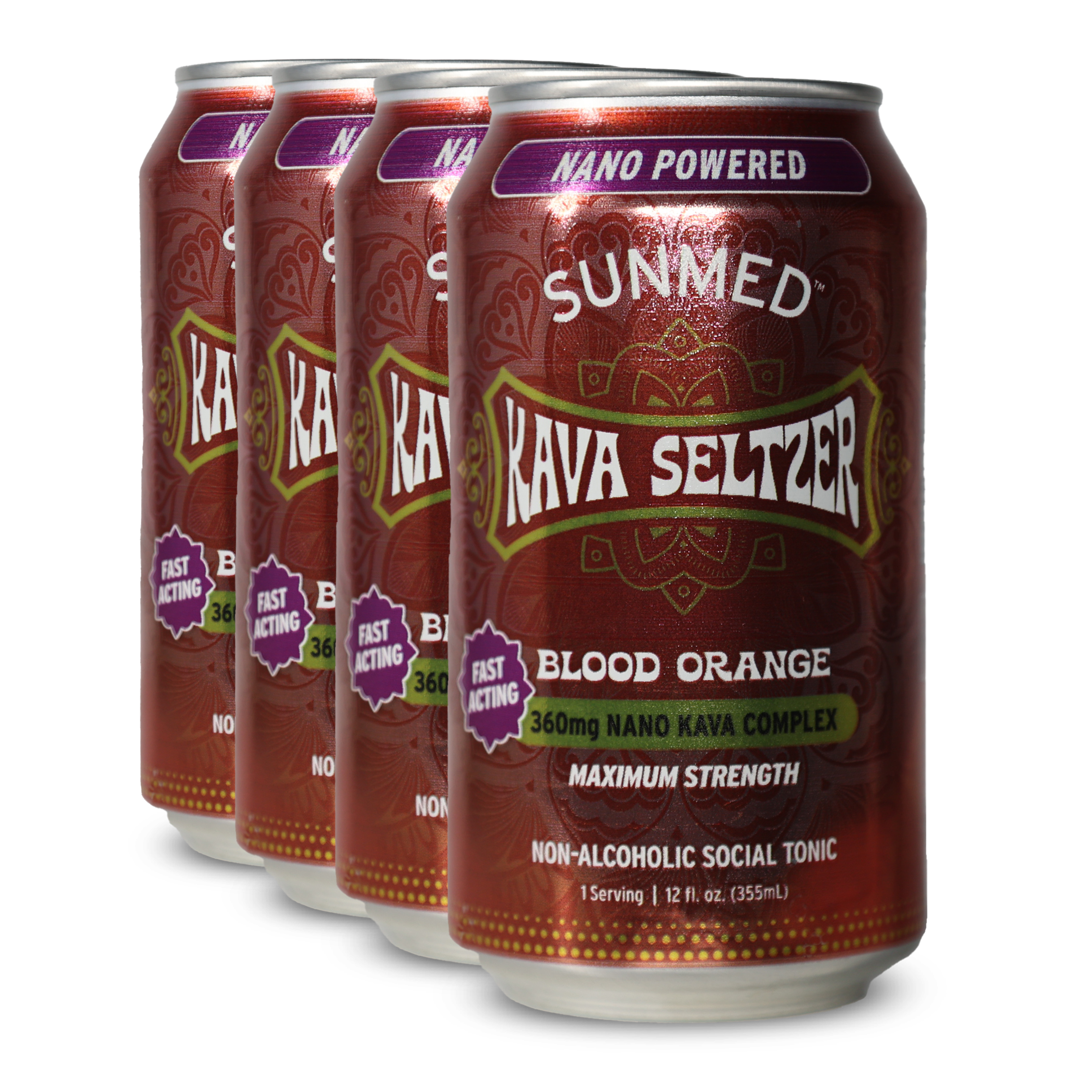 Enjoy a 4 pack of Sunmed CBD Kava Seltzer - Blood Orange, made with kava root extract. Non-alcoholic, nano powered, and fast acting for a refreshing blood orange taste anytime.