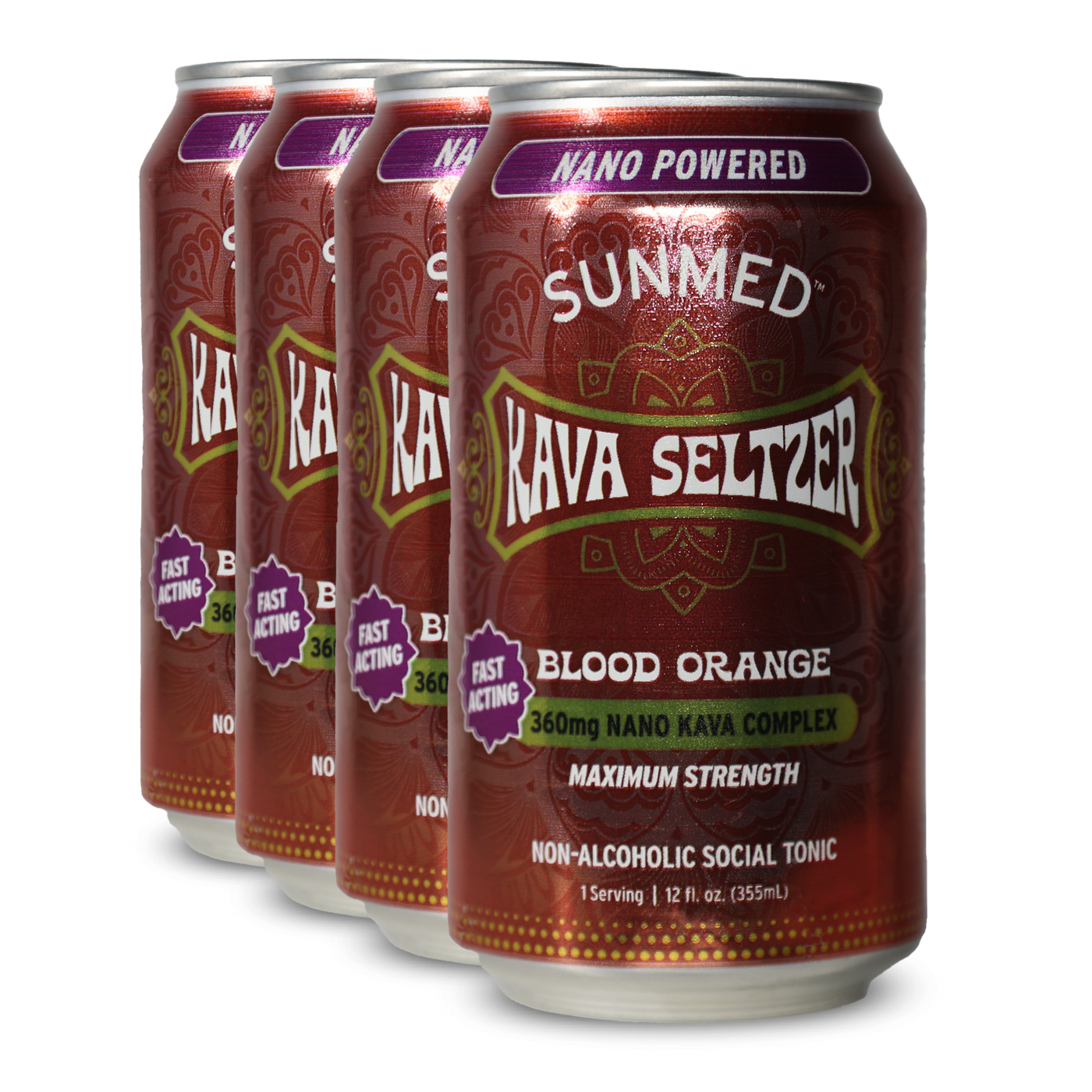 Enjoy a 4 pack of Sunmed CBD Kava Seltzer - Blood Orange, made with kava root extract. Non-alcoholic, nano powered, and fast acting for a refreshing blood orange taste anytime.