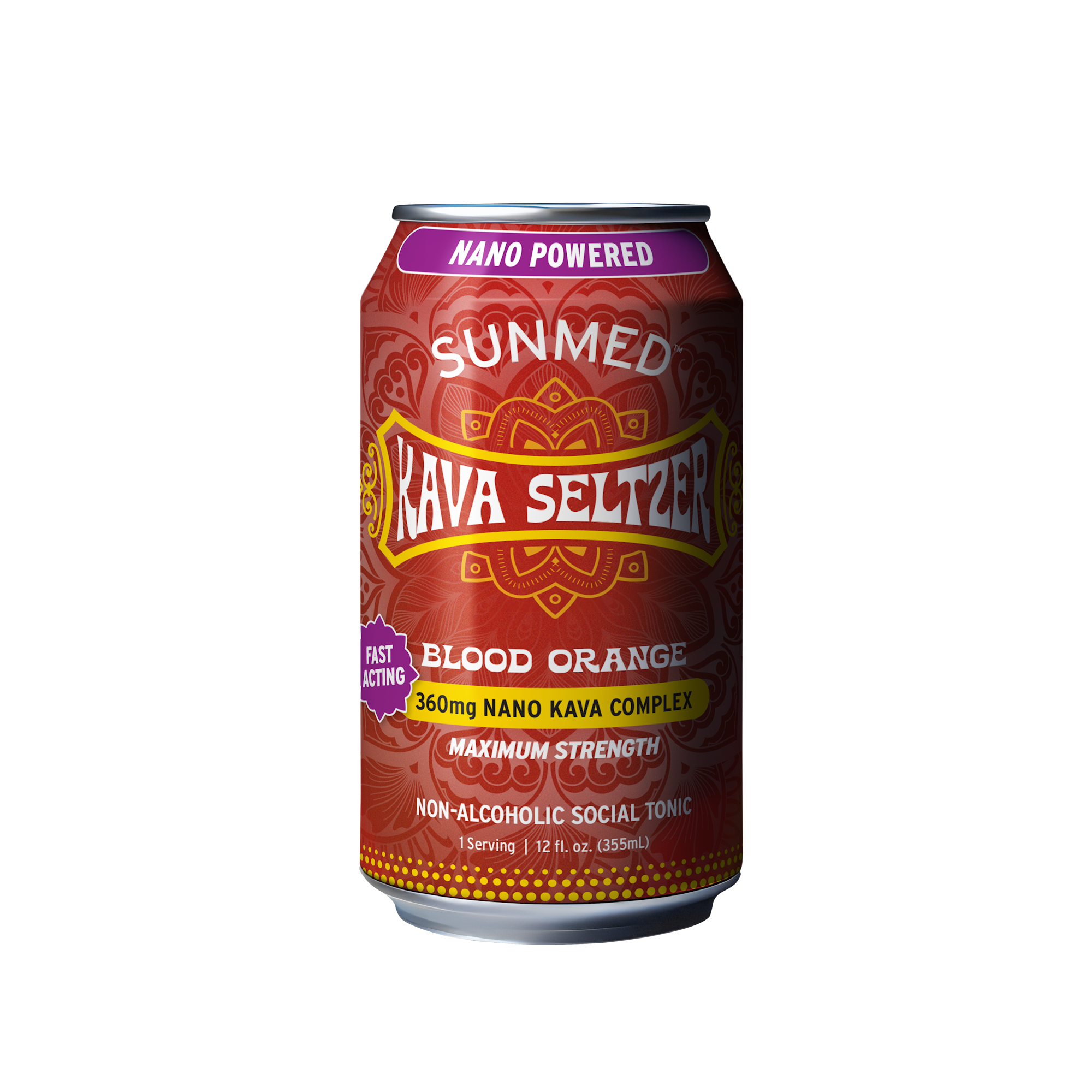 A can of Sunmed CBD Kava Seltzer - Blood Orange, containing 360mg nano kava root extract and kavalactones, shown on a white background.