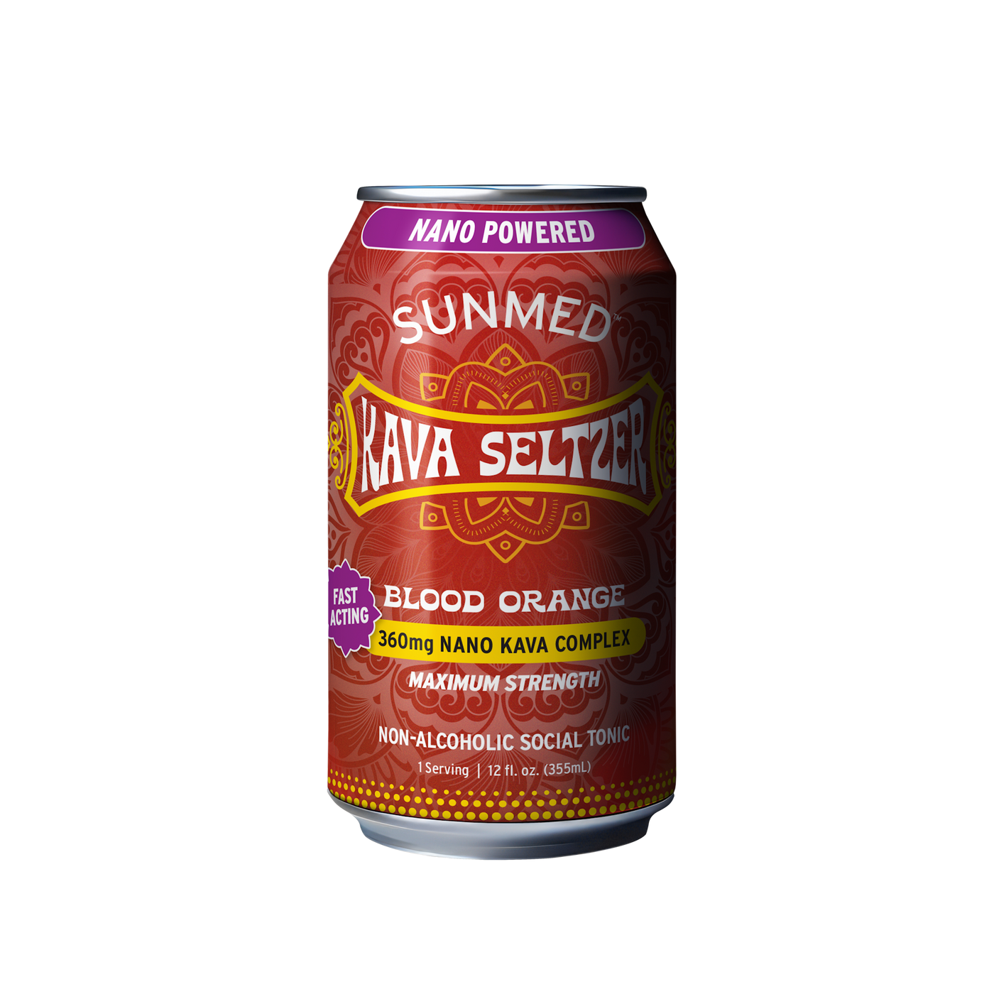 A can of Sunmed CBD Kava Seltzer - Blood Orange, containing 360mg nano kava root extract and kavalactones, shown on a white background.