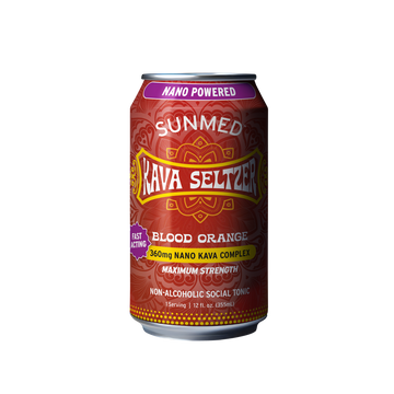 A can of Sunmed CBD Kava Seltzer - Blood Orange, containing 360mg nano kava root extract and kavalactones, shown on a white background.