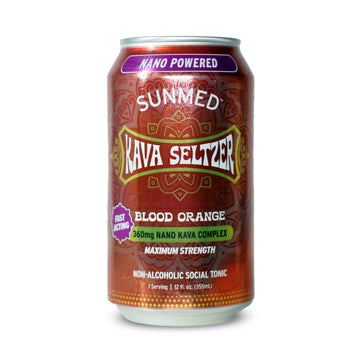 A can of Sunmed CBD Kava Seltzer - Blood Orange, featuring a bold red design and clear product details on the label, infused with calming kava root extract.