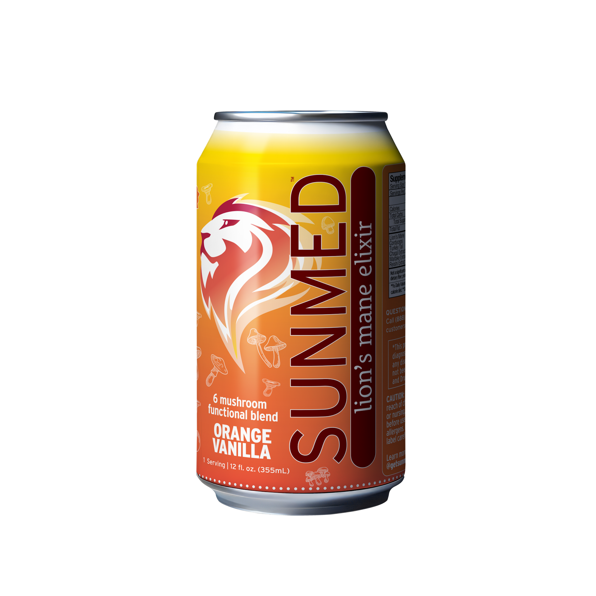 A Sunmed CBD Mushroom Elixir Seltzer, orange vanilla flavor, features a lion logo and mushroom graphic—an adaptogenic sparkling beverage.