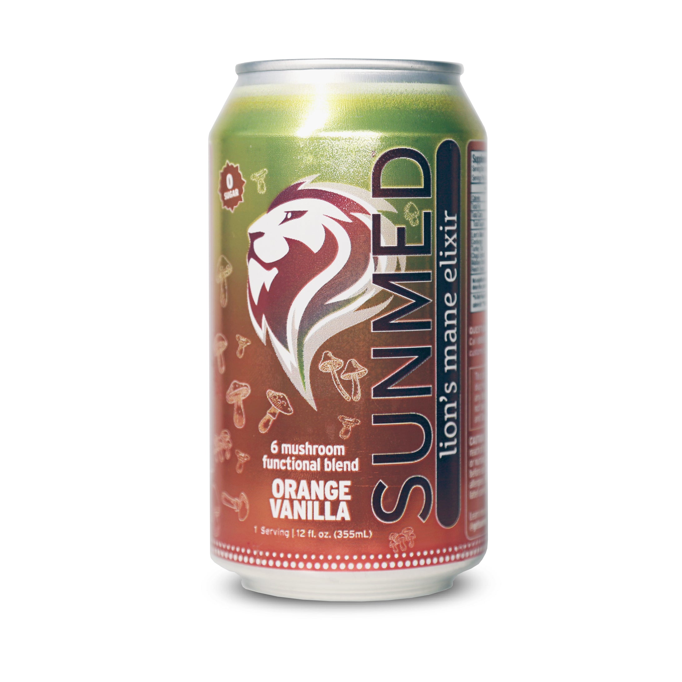 A Sunmed CBD Mushroom Elixir Seltzer - Orange Vanilla can, featuring a lion logo and mushroom illustrations, delivers a refreshing sparkling beverage infused with adaptogenic mushrooms for a unique twist.