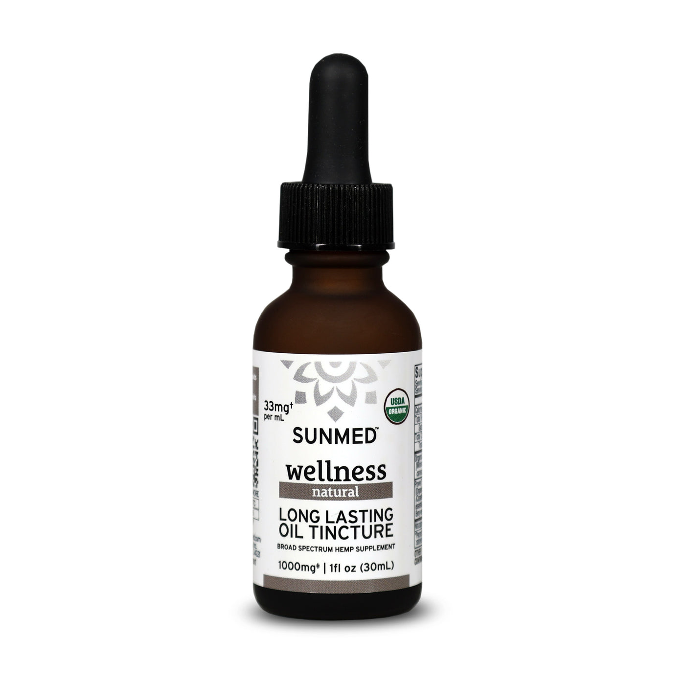 A bottle of Sunmed CBD Organic Broad Spectrum CBD Tincture with a black dropper cap, delivering a premium hemp supplement for lasting wellness.