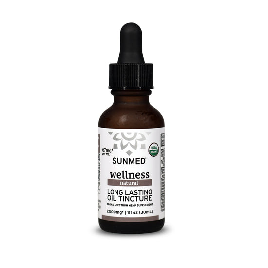 A brown dropper bottle labeled “Sunmed CBD Organic Broad Spectrum CBD Tincture, 1 fl oz (30ml) — a premium hemp supplement for lasting wellness.