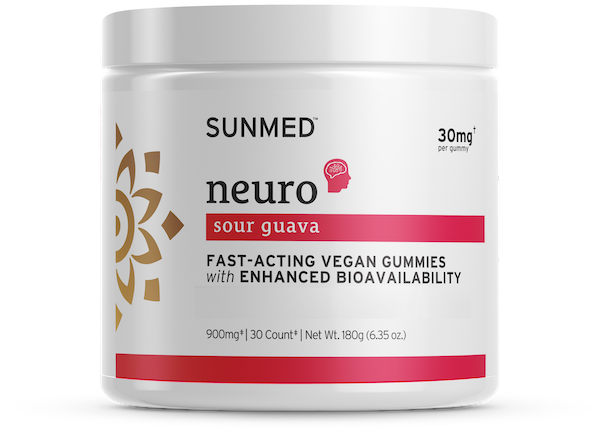 White jar labeled “Sunmed CBD *15% Off* Full Profile Neuro Water Soluble Hemp Gummies, 30mg per gummy, 30 count, 900mg total.”.