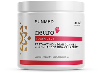White jar labeled “Sunmed CBD *15% Off* Full Profile Neuro Water Soluble Hemp Gummies, 30mg per gummy, 30 count, 900mg total.”.