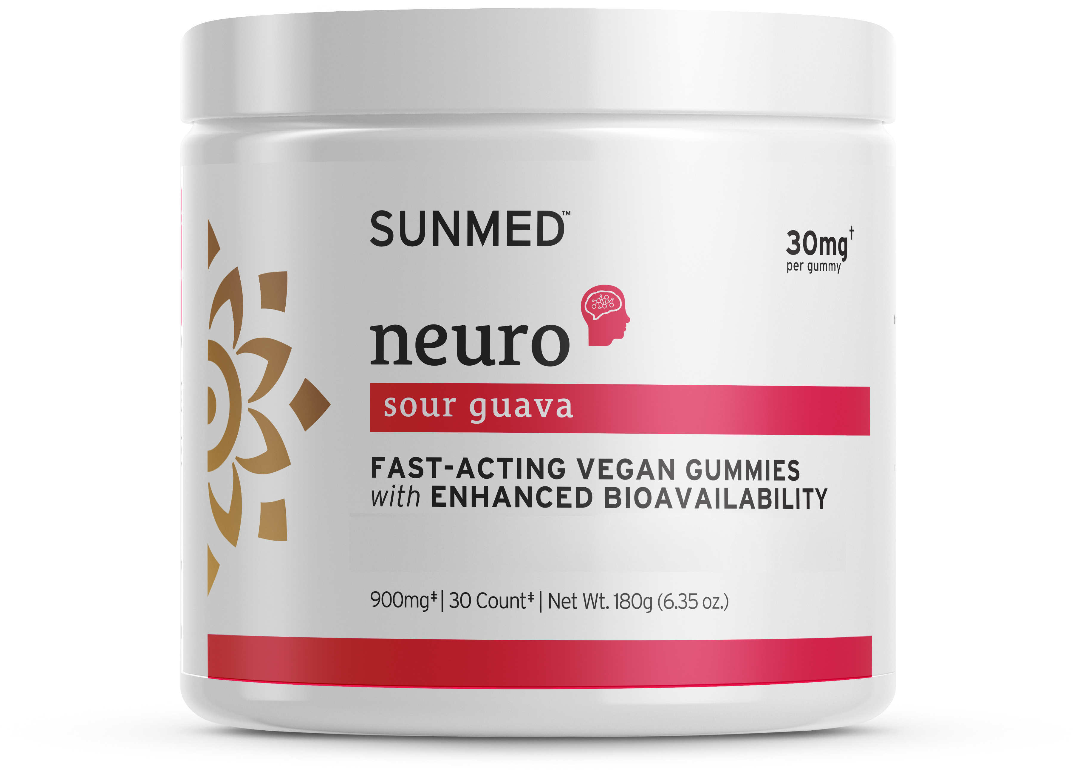 A white jar labeled "Sunmed CBD *15% Off* Full Profile Neuro Water Soluble Hemp Gummies," 30mg per vegan gummy, 30 count.