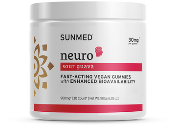 White jar labeled "Sunmed CBD *20% Off* - Full Profile Neuro Water Soluble Hemp Gummies 2-Pack," featuring gold and pink design elements.