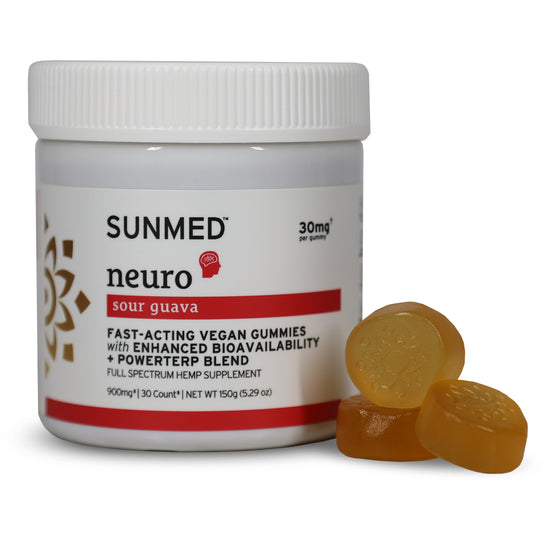 A jar of Sunmed CBD Full Spectrum Neuro Water Soluble CBD Gummies—sour guava flavor—with three gummies beside it on a white background.