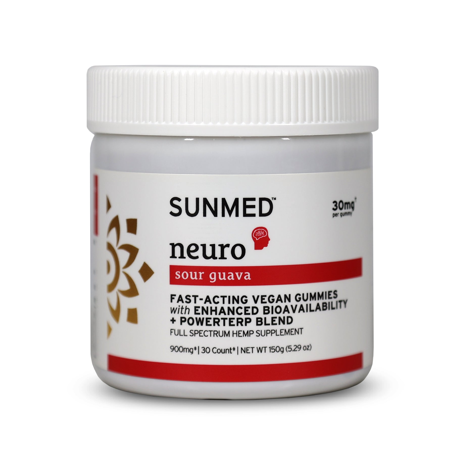 White jar of Sunmed CBD Full Spectrum Neuro Water Soluble CBD Gummies with a red label and supplement details on the front.