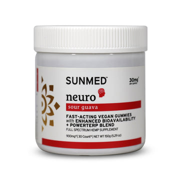 White jar of Sunmed CBD Full Spectrum Neuro Water Soluble CBD Gummies with a red label and supplement details on the front.