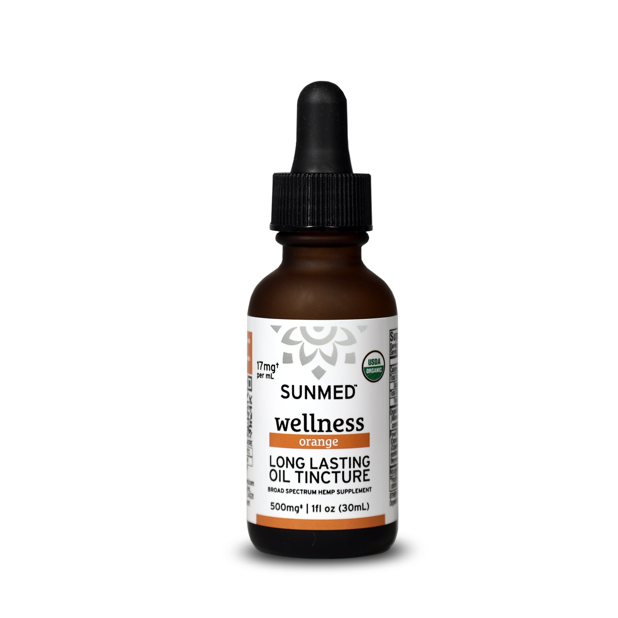 A brown dropper bottle labeled "Sunmed CBD Organic Broad Spectrum CBD Tincture" (1 fl oz, 500mg), crafted as a premium hemp supplement.