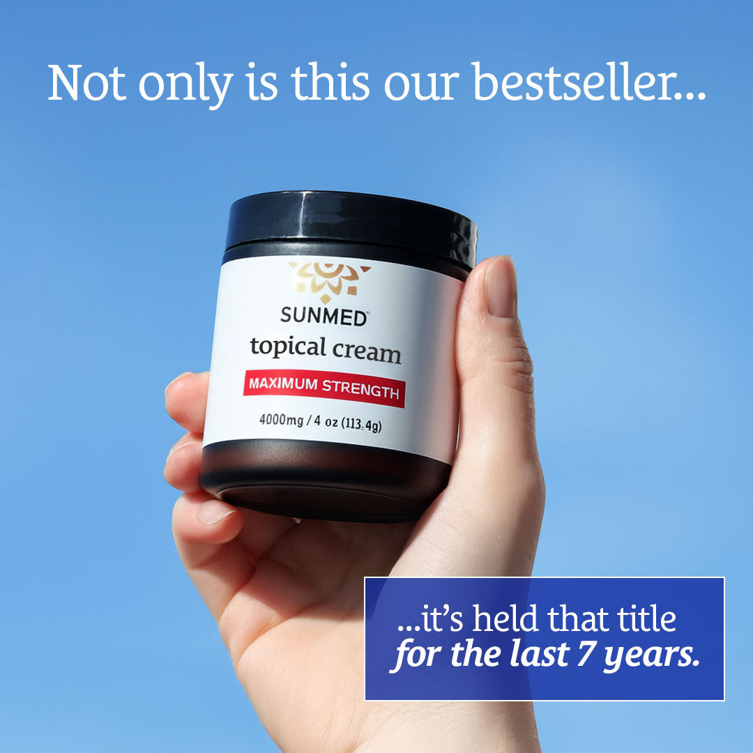 A hand holds a jar of Sunmed CBD’s Full Spectrum Relief CBD Cream against a blue sky, with text noting its 7 years as a bestselling topical relief made from premium hemp extract.