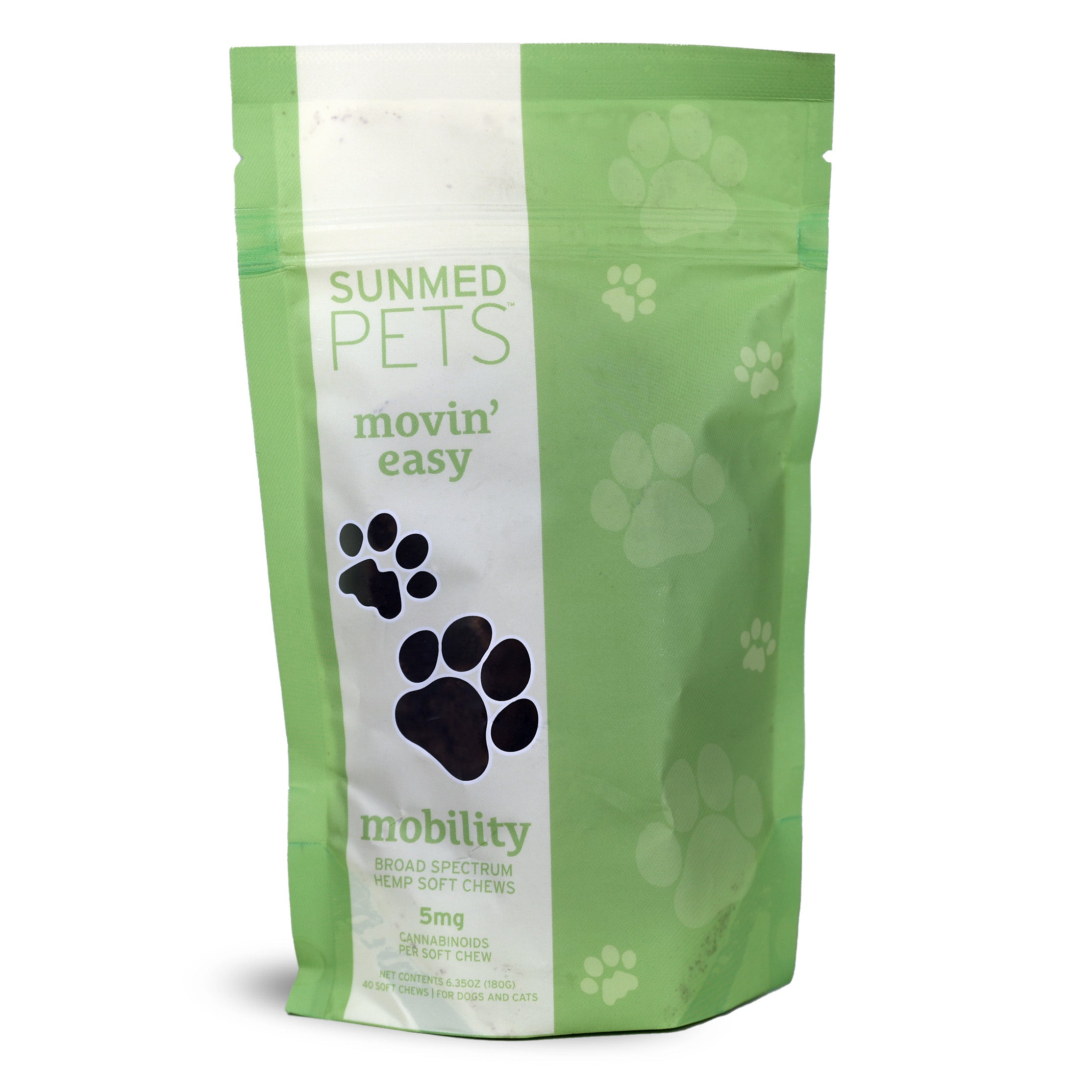 Sunmed CBD Broad Spectrum Movin’ Easy Relief CBD Pet Chews offer natural relief for dogs and cats, featuring 5mg cannabinoids per chew in a green bag, made with broad spectrum hemp extract.