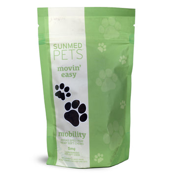 Sunmed CBD Broad Spectrum Movin’ Easy Relief CBD Pet Chews pouch features paw prints and product details, offering broad spectrum hemp extract to support pet relief and mobility.
