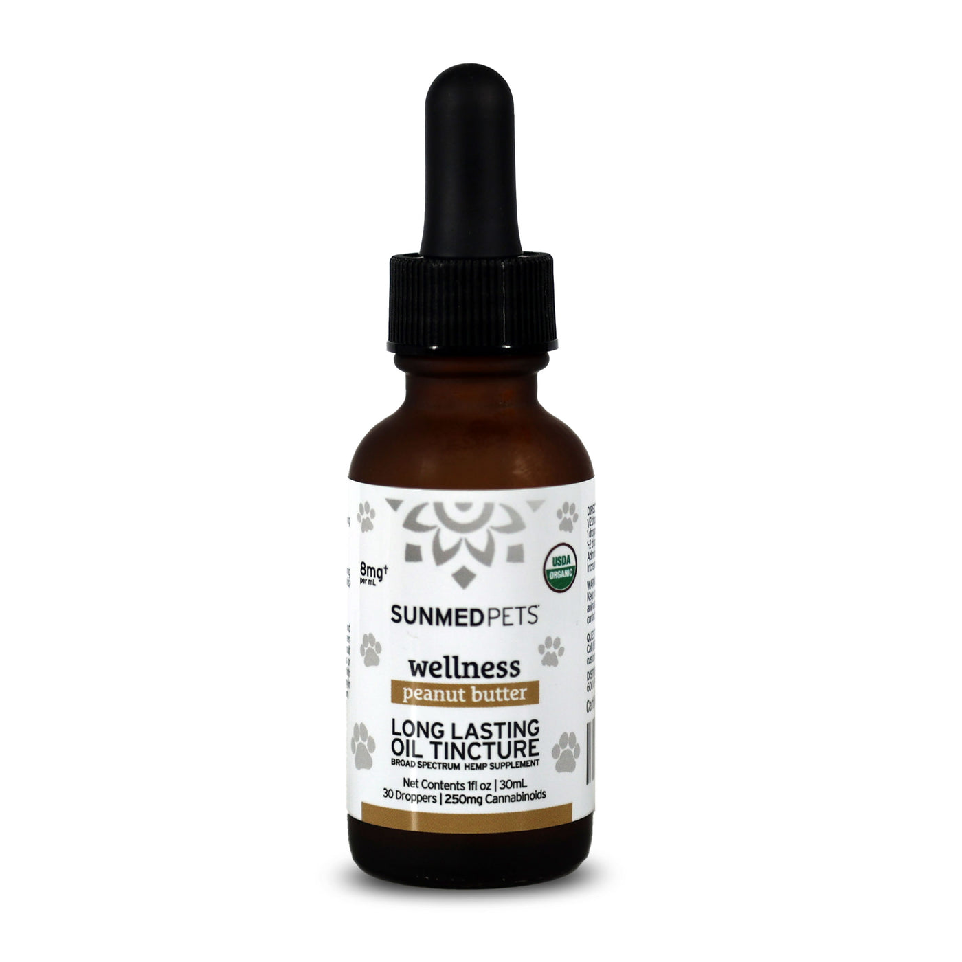 A brown glass dropper bottle labeled "Broad Spectrum CBD Pet Tinctures" by Sunmed CBD, featuring USDA-certified CBD for pets.