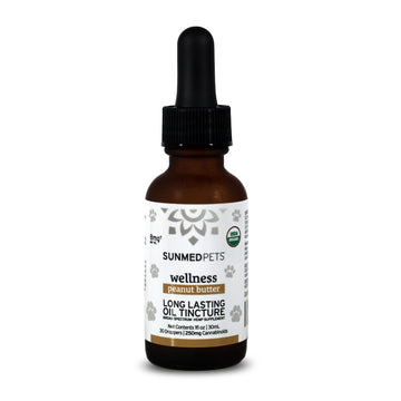 A brown glass dropper bottle labeled "Broad Spectrum CBD Pet Tinctures" by Sunmed CBD, featuring USDA-certified CBD for pets.
