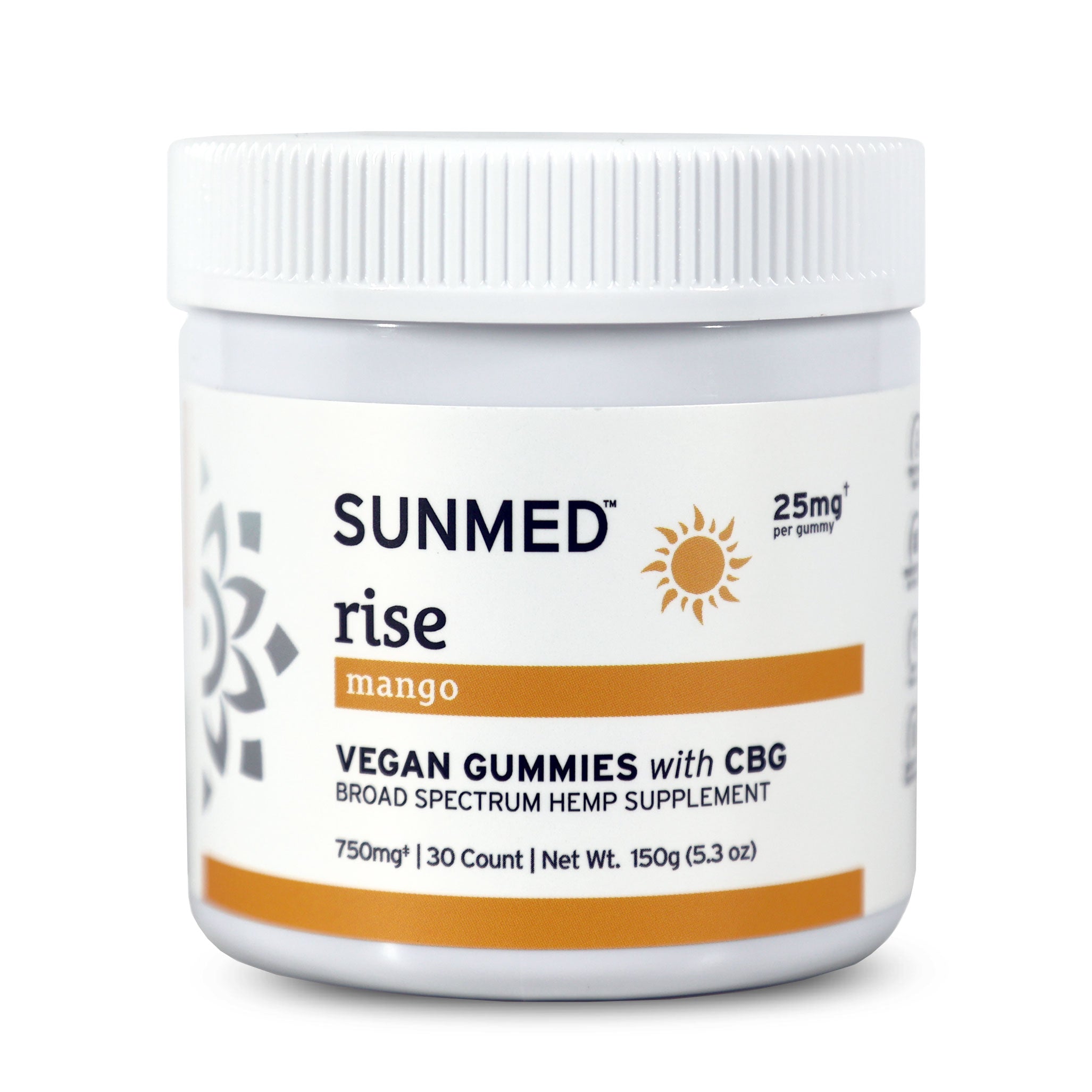 A jar of Sunmed CBD Broad Spectrum Rise CBG Gummies, designed for morning focus, with a white lid and orange label details.