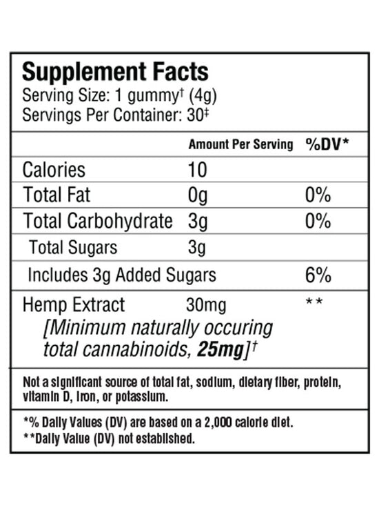 Sunmed CBD Broad Spectrum Rise CBG Gummies Supplement Facts label lists serving size, calories, carbs, sugars, and 30mg hemp extract per gummy—perfect for morning focus.