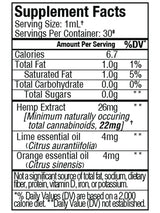 Sunmed CBD Broad Spectrum Rise CBG Citrus Tincture Supplement Facts label lists serving size, calories, broad spectrum hemp extract, CBG tincture, and lime and orange essential oils per serving.