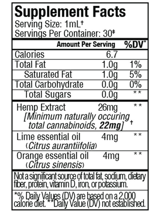 Sunmed CBD Broad Spectrum Rise CBG Citrus Tincture Supplement Facts label lists serving size, calories, broad spectrum hemp extract, CBG tincture, and lime and orange essential oils per serving.