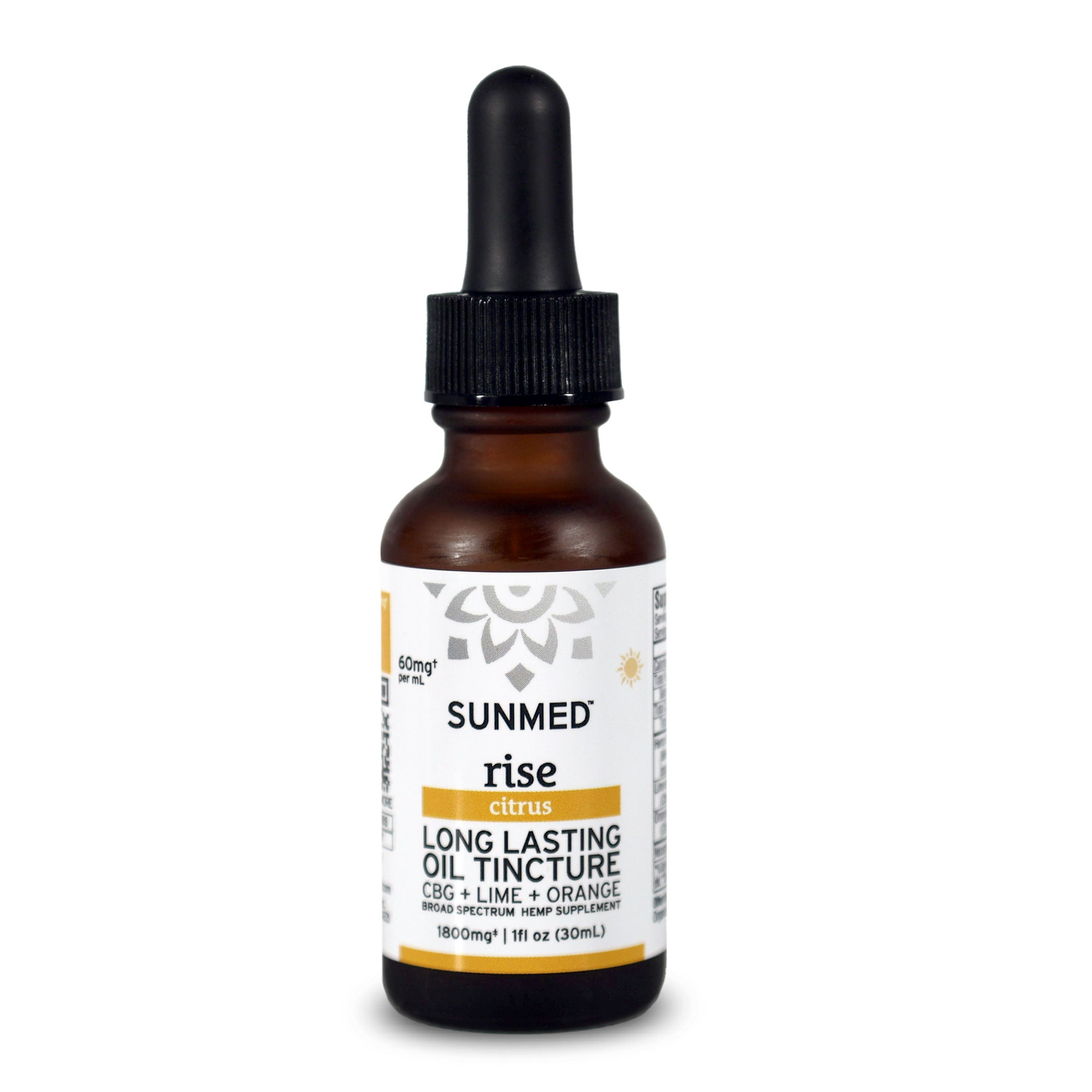 Amber dropper bottle labeled "Sunmed CBD Broad Spectrum Rise CBG Citrus Tincture, 1800mg," featuring broad spectrum hemp extract and citrus essential oils for a refreshing CBG tincture experience.