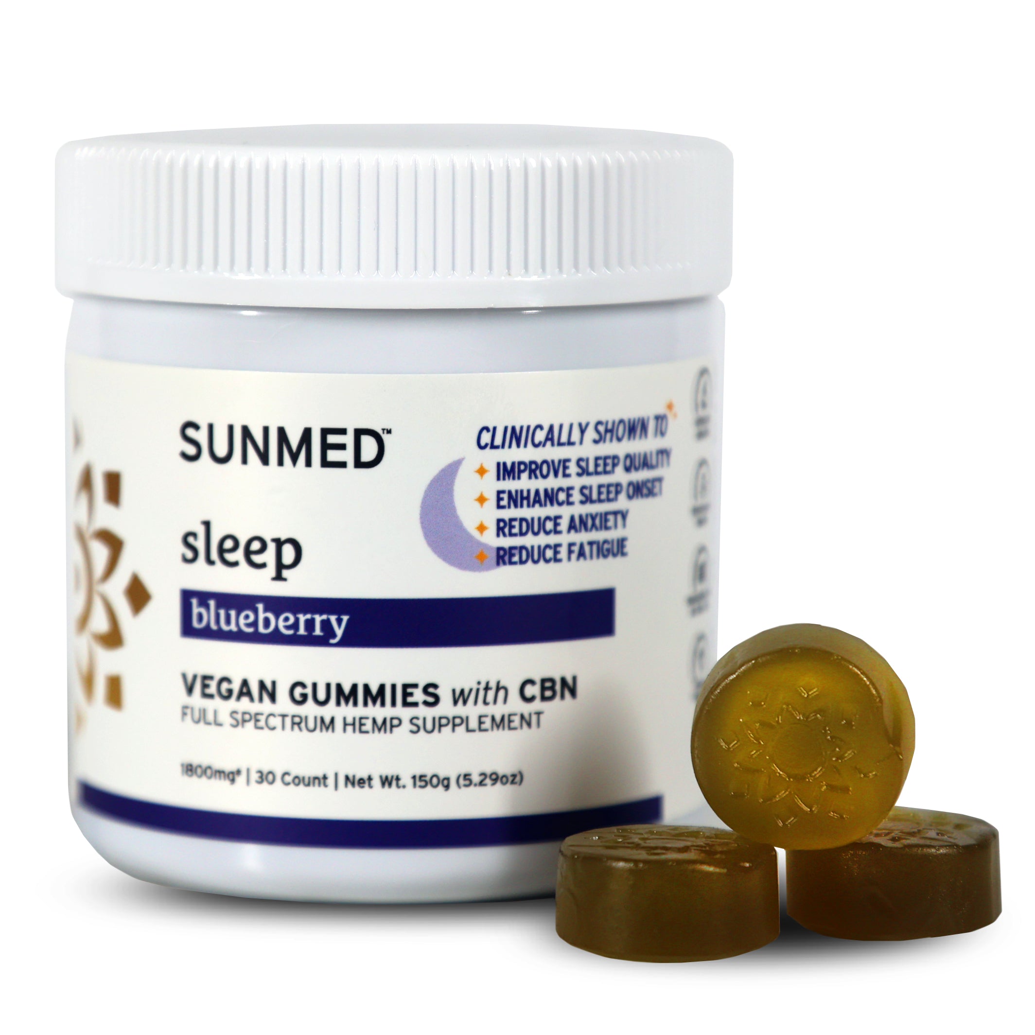 A jar of Sunmed CBD Full Spectrum Sleep CBN Gummies, a delicious sleep supplement, with three gummies stacked alongside—expertly crafted from premium hemp.