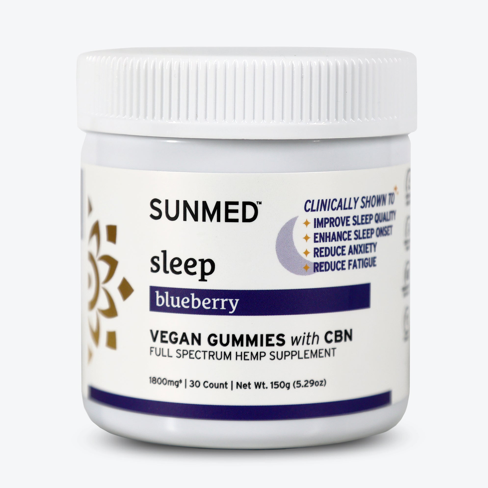White jar labeled "Sunmed CBD Full Spectrum Sleep CBN Gummies," a hemp-derived sleep supplement. Contains 30 CBN gummies designed to support restful sleep.