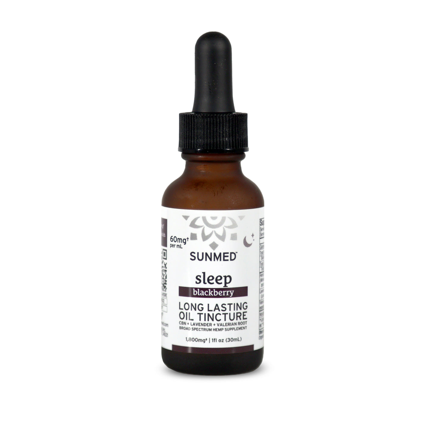 A brown dropper bottle labeled "Broad Spectrum Sleep CBN Tincture" from Sunmed CBD, shown on a white background, highlights its CBD and CBN content.