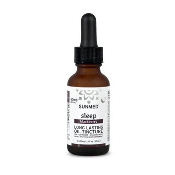 A brown dropper bottle labeled "Broad Spectrum Sleep CBN Tincture" from Sunmed CBD, shown on a white background, highlights its CBD and CBN content.