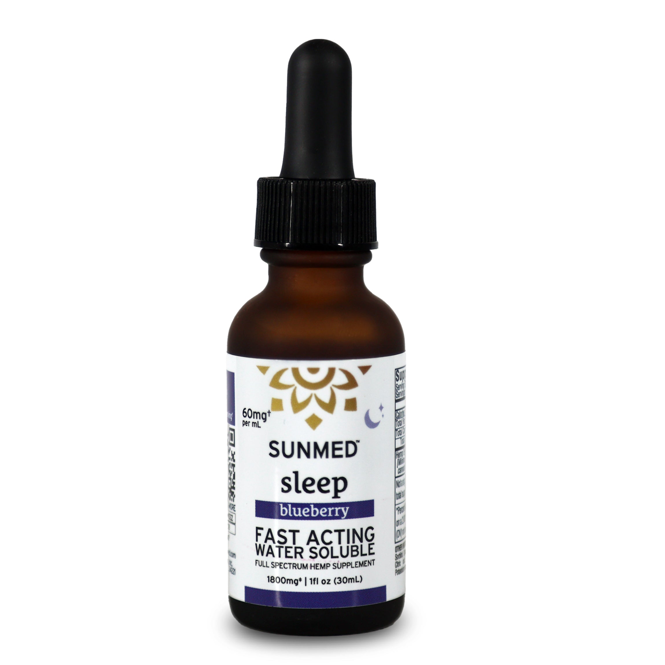 Brown glass dropper bottle labeled "Sunmed CBD Full Spectrum Sleep CBN Water Soluble," featuring fast-acting, water soluble CBD and CBN for a restful hemp extract experience.