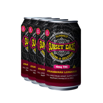 Enjoy a 4-pack of Sunmed CBD Sunset Daze Delta 9 THC Seltzer in Strawberry Lemonade flavor, each can with 10mg THC—a deliciously refreshing hemp beverage for your relaxation.