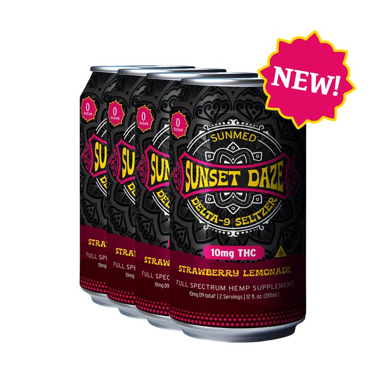 A 24-pack of Sunmed CBD Sunset Daze Delta 9 THC Seltzer in Strawberry Lemonade flavor, boldly labeled "NEW!" at the top right, highlights this refreshing hemp beverage.