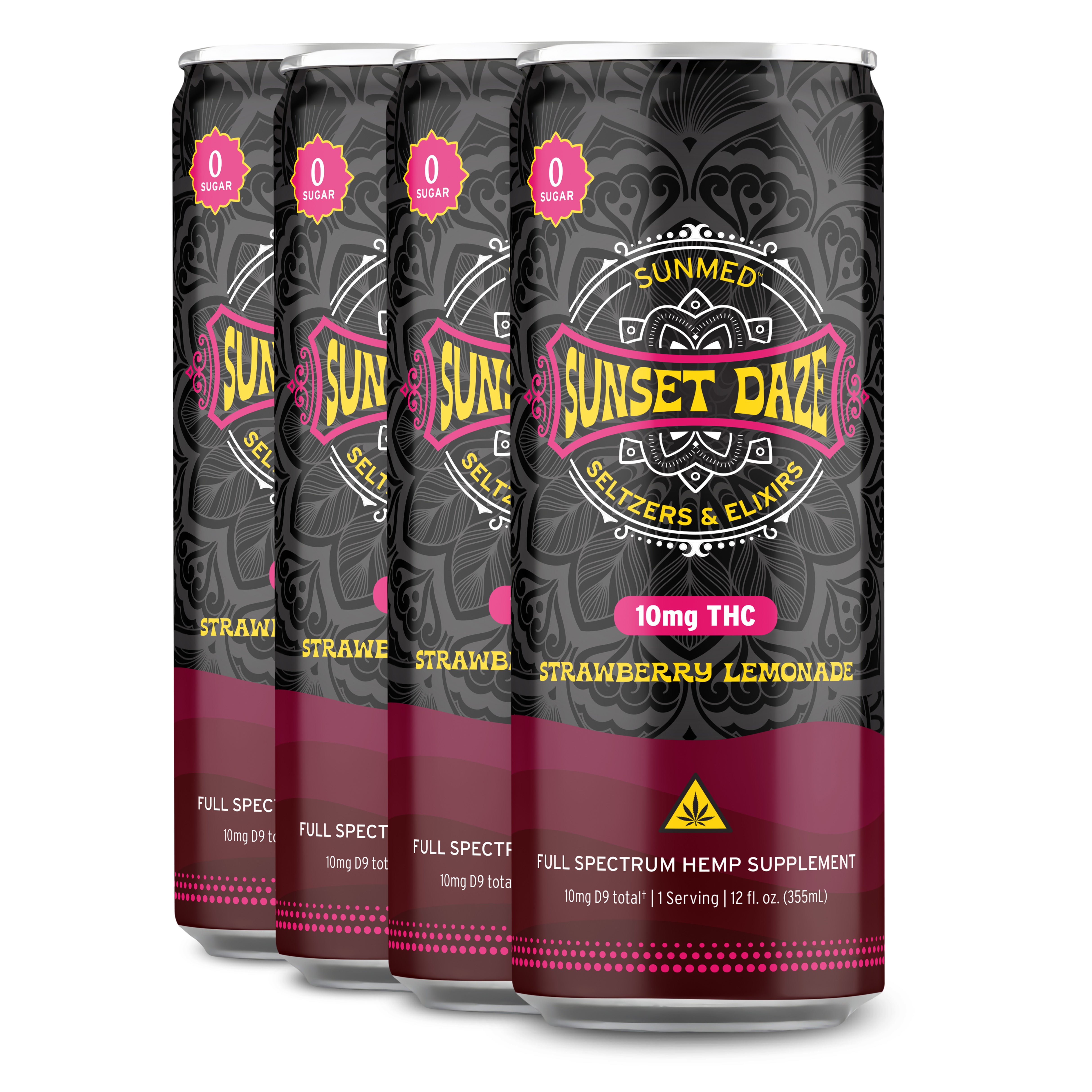 Four cans of Sunmed CBD Sunset Daze Delta 9 THC Seltzer Strawberry Lemonade, each with 10mg THC, feature a black and pink design for a bold hemp beverage experience.