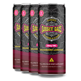 Four cans of Sunmed CBD Sunset Daze Delta 9 THC Seltzer Strawberry Lemonade, each with 10mg THC, feature a black and pink design for a bold hemp beverage experience.