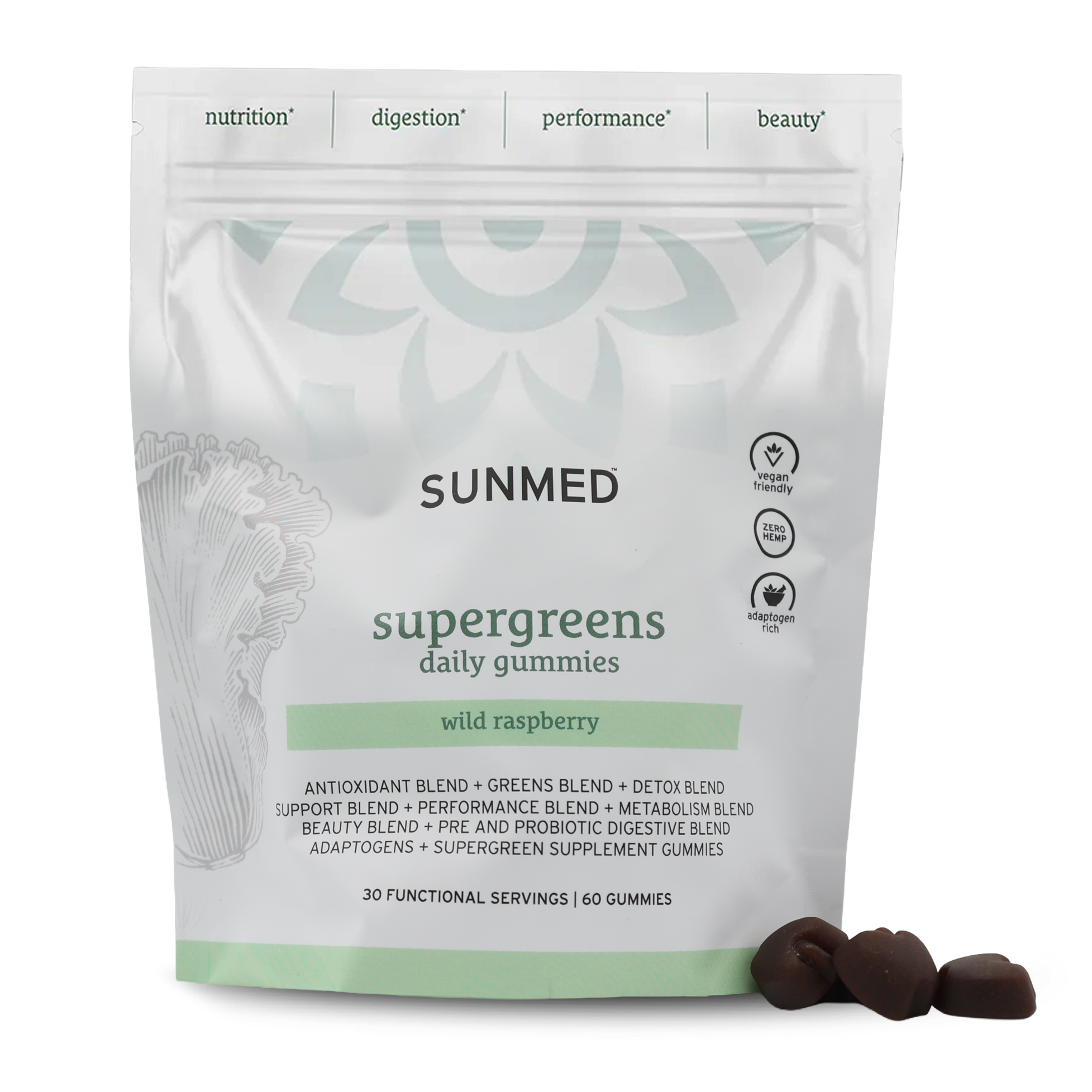 A pouch of Sunmed CBD *15% Off* - Supergreens Gummies 60ct with three wild raspberry gummies displayed beside the package.
