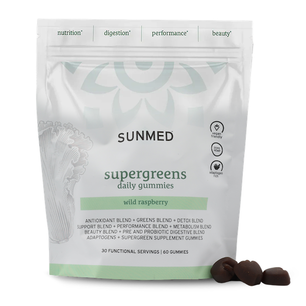 A bag of *15% Off* Sunmed CBD Supergreens Gummies 60ct with a few gummies displayed in front of the package.