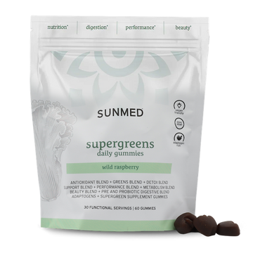 A bag of *15% Off* Sunmed CBD Supergreens Gummies 60ct with a few gummies displayed in front of the package.