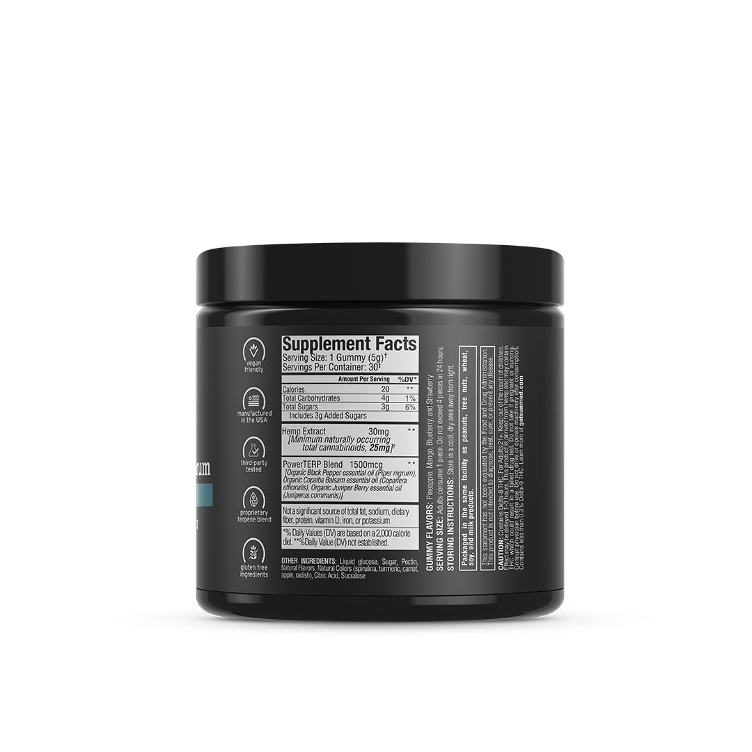 A sleek black jar of Sunmed CBD's Above Delta-8 Full Spectrum Blend Gummies features a detailed nutrition facts and ingredients label on the side, highlighting the premium hemp extract contents.