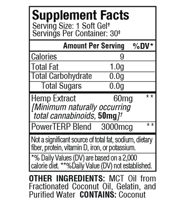 Sunmed CBD Full Spectrum CBD Soft Gel Capsules Supplement Facts label lists each hemp extract soft gel's ingredients, amounts, and nutritional details.